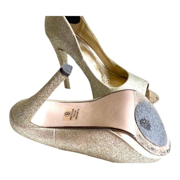 Womens Speed Limit 98 Gold Shimmer Glitter Open Toe Pumps Heels  - Sz 8 - Picture 4 of 5